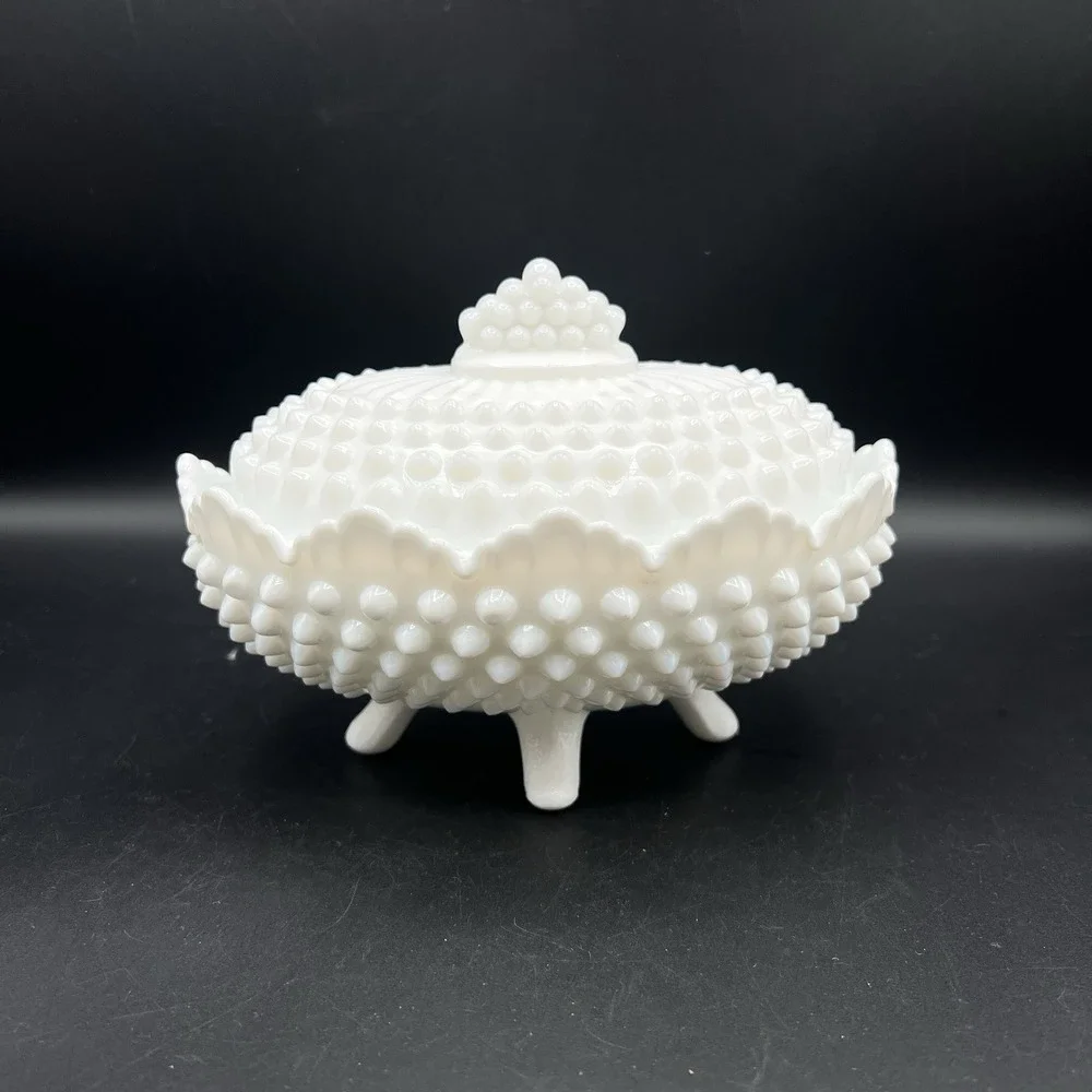 VTG Fenton White Milk Glass Hobnail Oval Footed‎ Covered Candy Dish with Lid